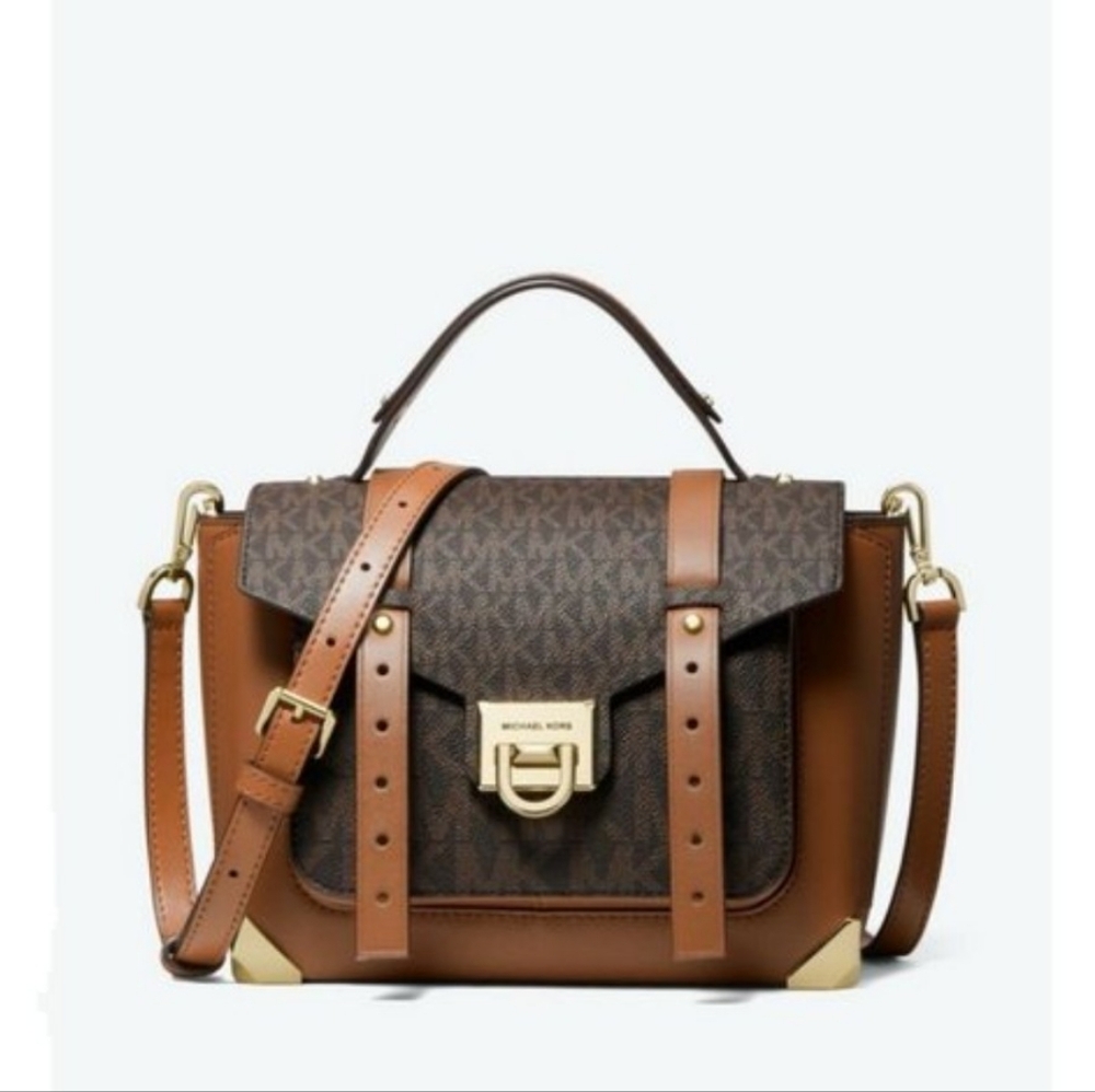 Michael Kors Manhattan - Brown Leather Satchel with Gold Hardware